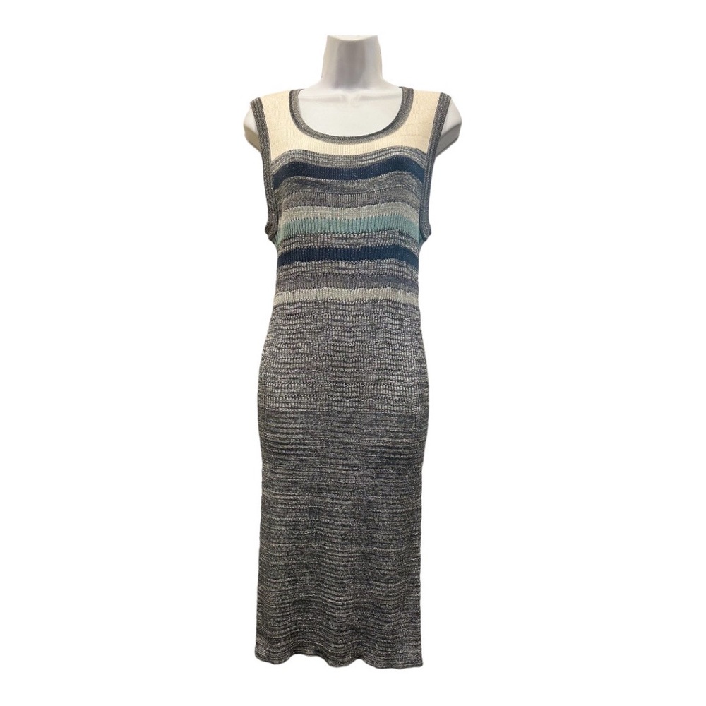 $1655 NEW Chanel Fitted Gray Blue Lurex Stretch Dress Crystals Pearls CC LOGO 40